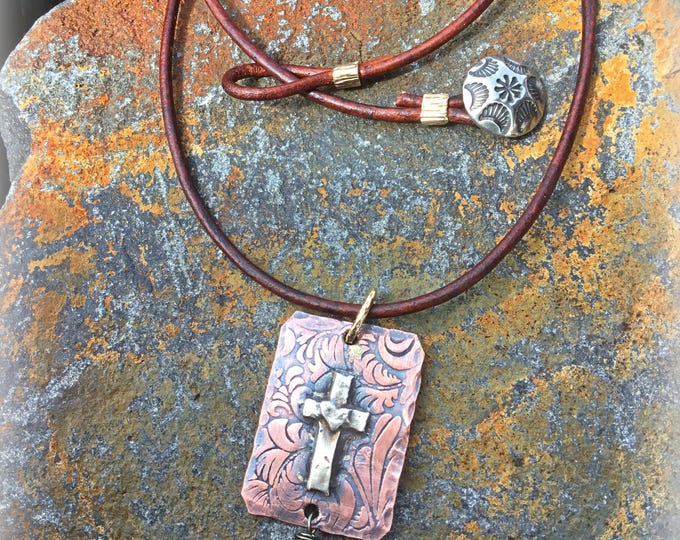 Precious Savior western style tooled copper with sterling silver cross and turquoise dangle with button closure by Weathered Soul