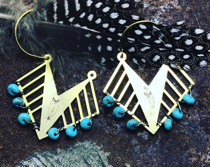 Feather embossed bronze Aztec style through the ear style with tiny wraps of turquoise earrings, cowgirl,western,boho