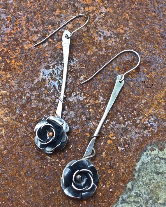 Prairie Rose drop earrings by Weathered Soul,minimalistic rustic sweet drop earrings,artistic,oxidized look,flowers