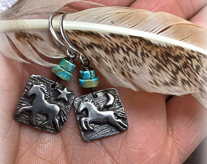 Featured listing image: Rustic prancing pony, horse, horse lover, equestrian, horse woman, Weathered Soul jewelry, PMC, turquoise, artisan jewelry, horses