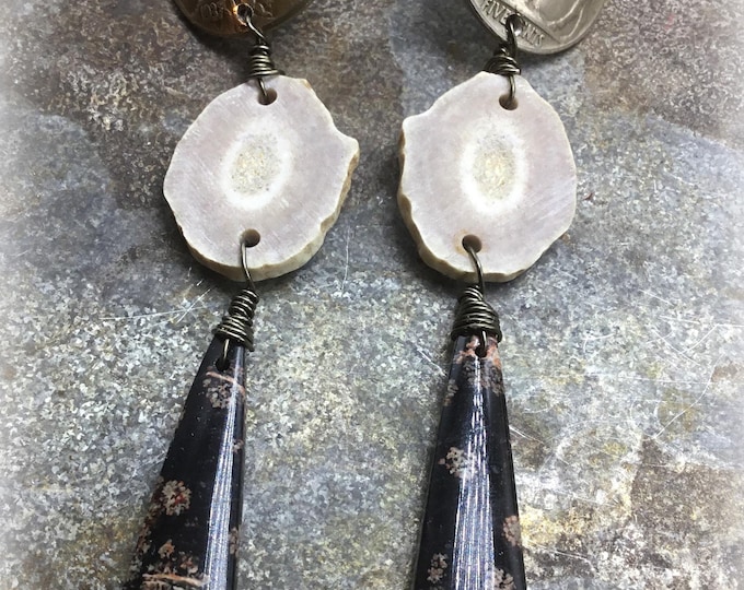 Black ocean jasper with vintage buffalo nickel and antler horn earrings by Weathered Soul jewelry, sterling ball ear wires,long and elegant