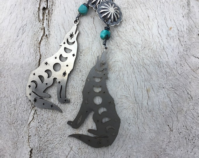 Howling wolf post earrings by Weathered Soul sterling with a dab of turquoise
