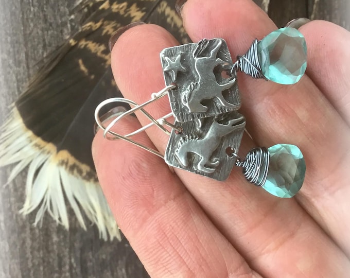 Featured listing image: Jumping and prancing pony earrings with topaz, dainty sweet horse lover earrings by Weathered Soul