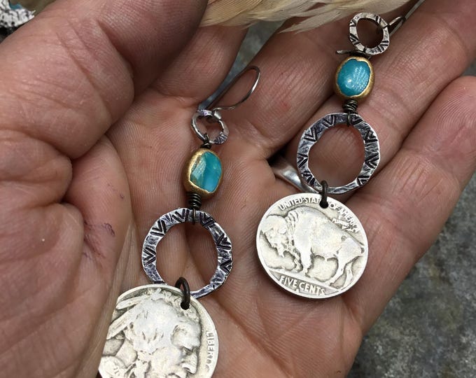 Buffalo nickel with rustic stamped sterling hoops and turquoise, fun long simple yet statement earrings by Weathered Soul jewelry