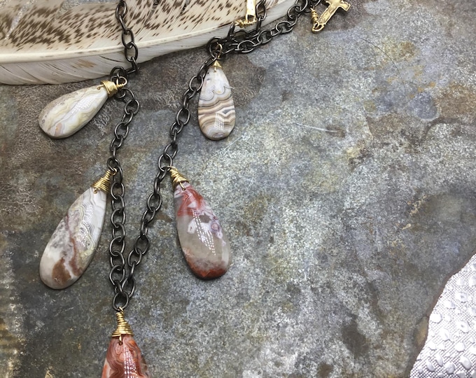 Long Crazy lace agate beautiful bronze wire wrapped stones on black gunmetal chain with bronze crosses and leather by Weathered Soul