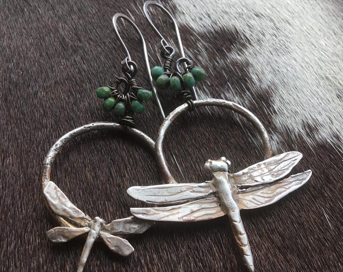 Fine silver rustic artisan dragonfly hoop earrings by Weathered Soul  a touch of green wire wrapped glass beads at connectors silver wires