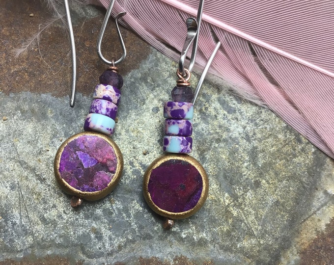 Purple  passion dainty drop earrings with imperial jasper wrapped in gold and silver ear wires, minimalist jewelry
