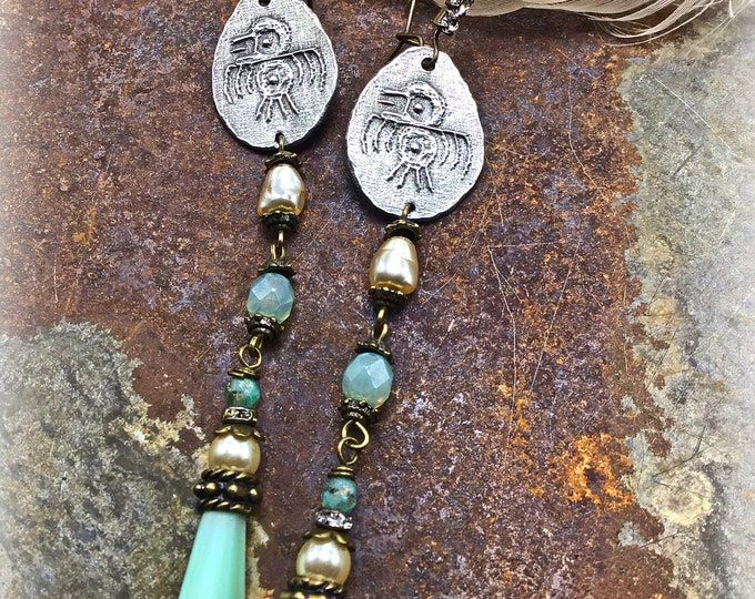 Aztec princess earrings with thunderbird style bird and vintage inspired rosary style chain drops with pearl  rhinestone, bronze ear wires