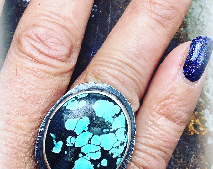 Turquoise and black contract with heavy spider web matrix ring by Weathered Soul, rusticly vibrant