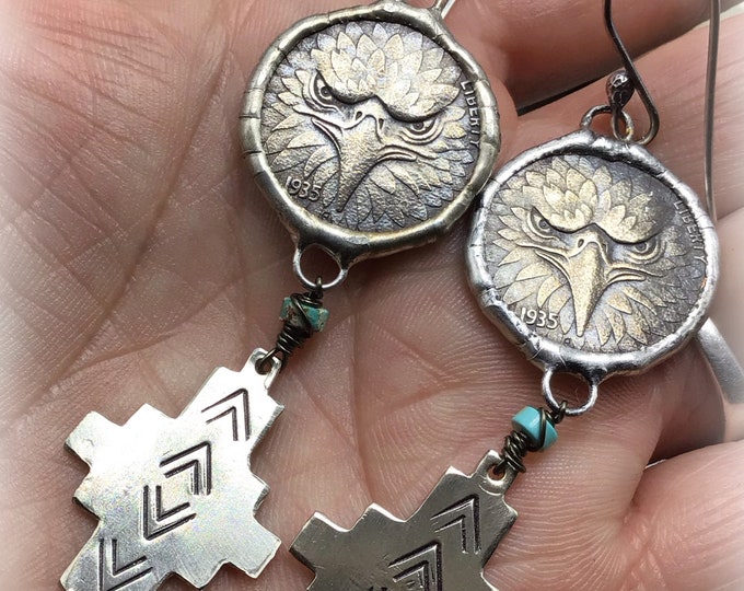 Eagle replica coins with Aztec pattern and a touch of turquoise earrings by Weathered Soul with sterling ear wires