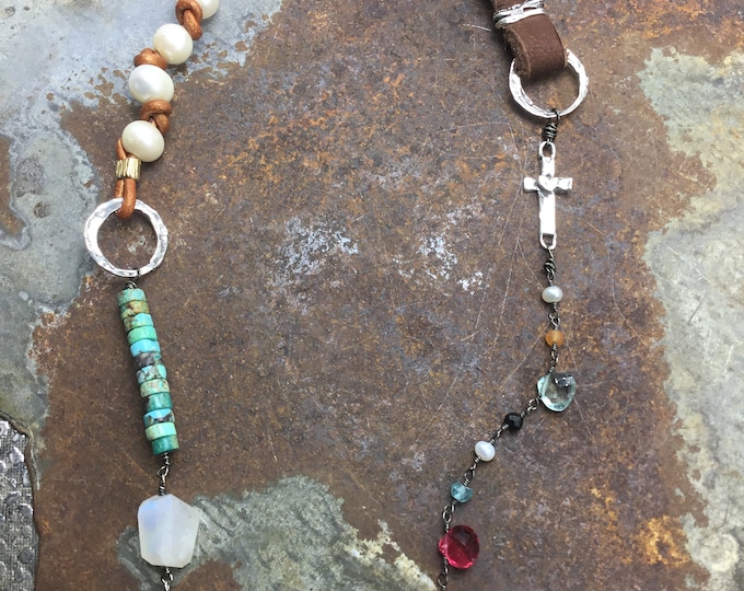 Beautiful boho mix of leather,pearls,vintage Buffalo nickel button closure and gemstones with a sweet sterling cross, shorter version