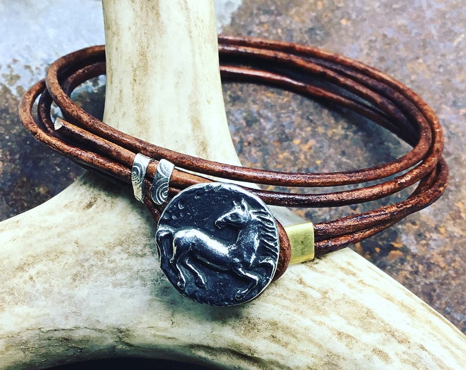 Dainty little folk prancing pony leather wrap bracelet by Weathered Soul