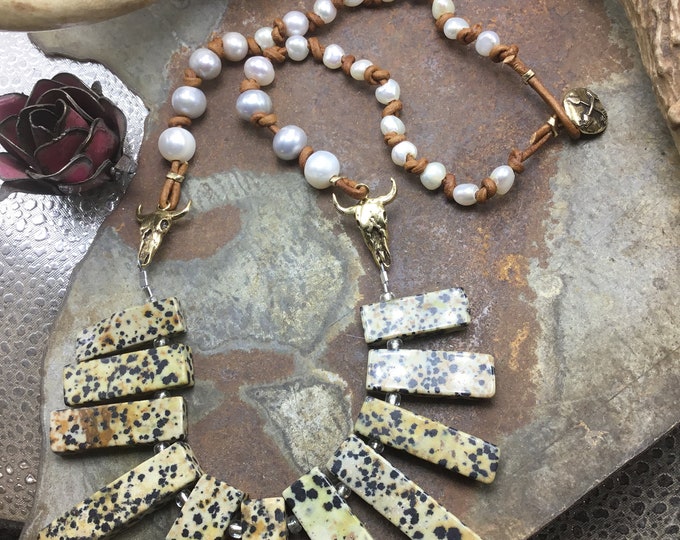 Dalmatian Jasper slabs with bronze steer heads, leather and pearls, statement necklace by Weathered Soul jewelry retro vibe