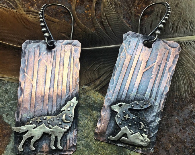 Into the woods earrings by Weathered Soul, artisan oxidized copper embossed forest with coyote and the hare, wildlife lover, outdoors