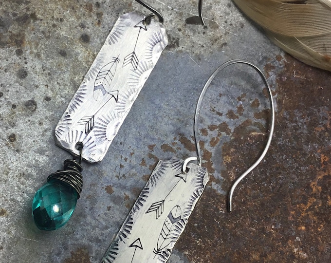 Sterling  long rectangle earrings with arrows and feathers embossed with absolutely stunning Teal quartz wire wrapped drop stone