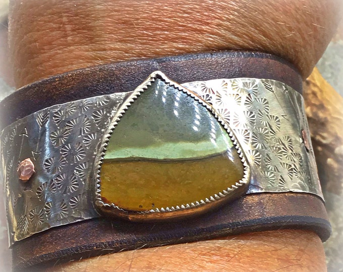 One of a kind picture jasper sterling and leather cuff bracelet by Weathered Soul