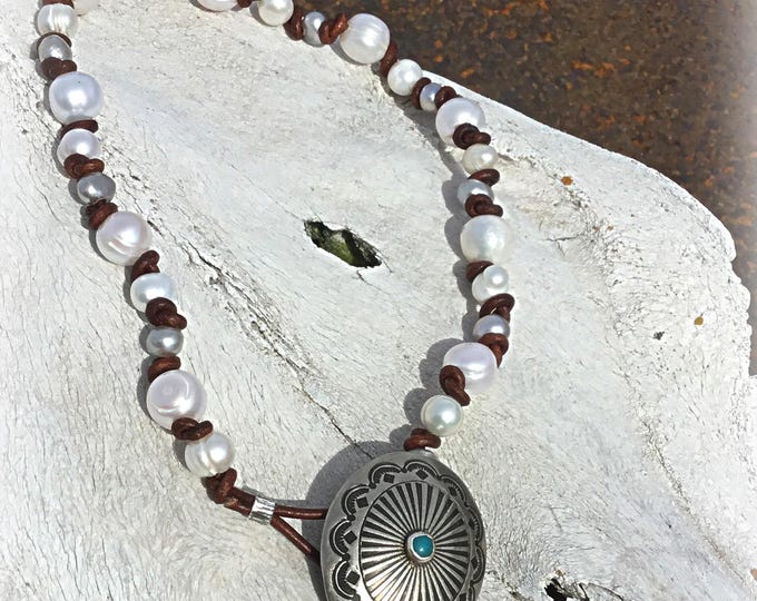 Collar bone cowgirl large pearls with leather knotted in between with vintage beautiful statement button closure, can wear in front or back!