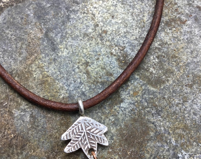 Little sterling leaf sterling necklace on quality leather cord by Weathered Soul, dainty outdoor enthusiast,hook clasp, tourmaline drop