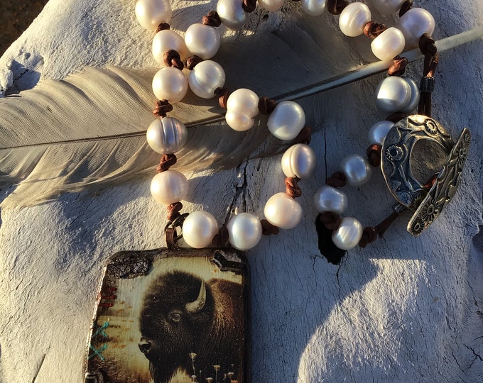Buffalo and western pearls necklace by Weathered Soul with an artistic twist, large pearls with knotted leather sterling closure toggle