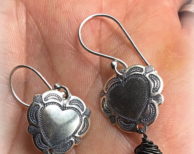 Be still my heart sterling silver stamped earrings by Weathered Soul with beautiful drops of garnet just in time to say be mine!