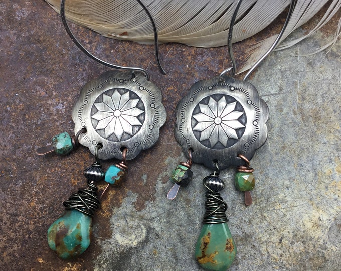 Vintage inspired western concho Sterling earrings with wire wrapped turquoise drops and dangles, cowgirl jewelry by Weathered Soul