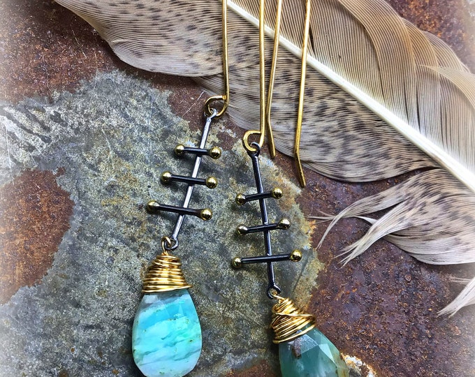 Gold filled and oxidized black sterling with Peruvian Opal drops, classy statement earrings