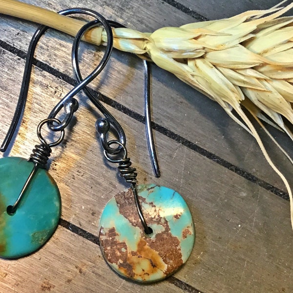 Dainty bits of turquoise dangle by sterling silver ear wires, small, light weight, urban, cowgirl, slab turquoise, urban chic, artisan