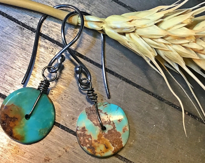 Dainty bits of turquoise dangle by sterling silver ear wires, small, light weight, urban, cowgirl, slab turquoise, urban chic, artisan