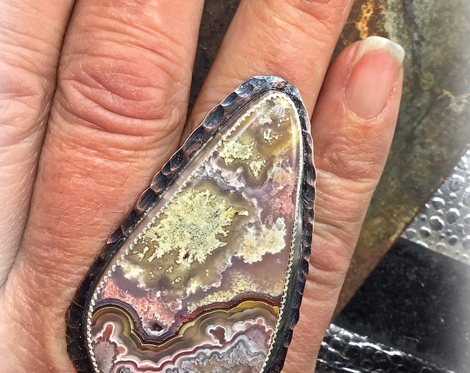 Huge statement crazy lace agate, copper and rustic sterling ring by Weathered soul