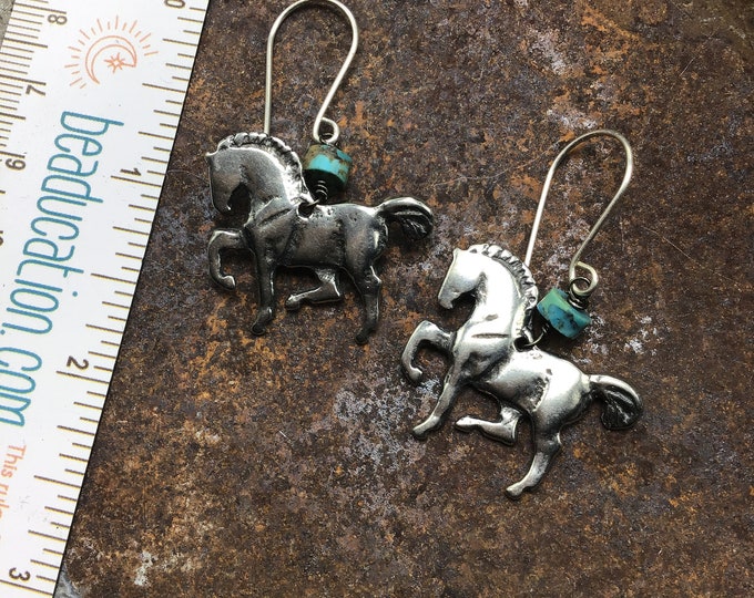 Prancing high stepping pony earrings with sterling and turquoise, lightweight, horse lover