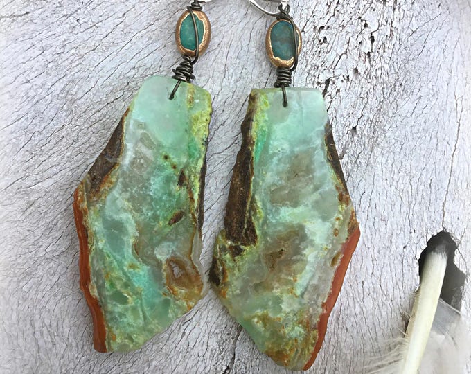 Large raw beauties Slab Chrysocolla with a touch of banded turquoise and sterling lever back ear wires by Weathered Soul jewelry