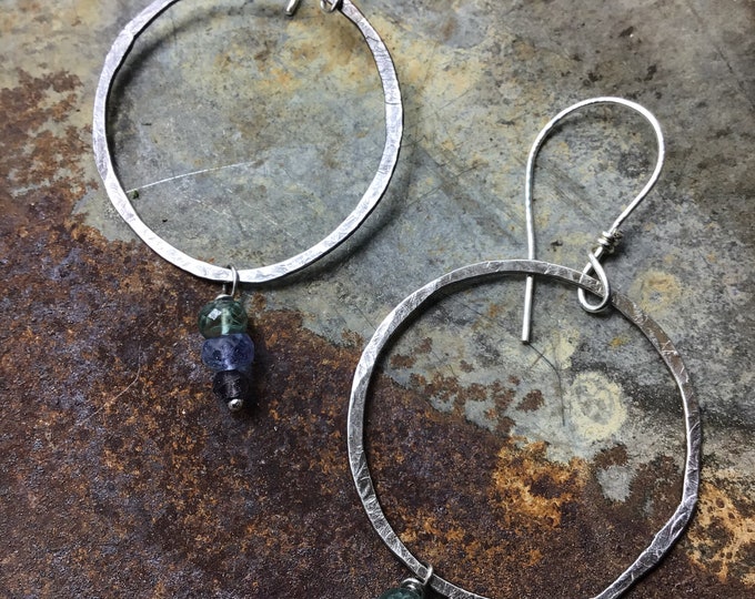 Large sterling hammered hoops with Iolite, Labradorite, and Kyanite sweet little gemstone dangles, sterling ear wires, minimalist style