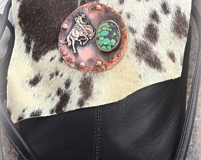 Cowboy bronc and stone crossbody bag by Weathered Soul, artisan hair on hide with lining and zipper pockets, super quality leather