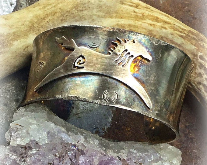Rustic primitive pony wide sterling cuff bracelet by Weathered Soul, this cuff iis a very comfortable fit but has a strong rustic look