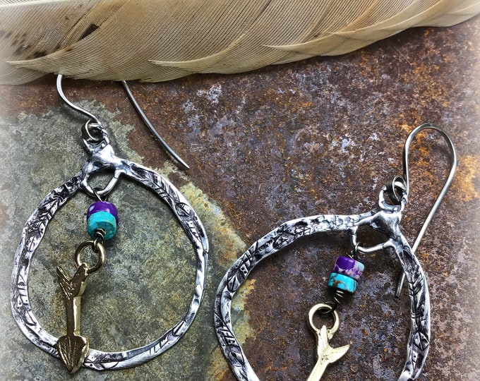 Sweet sterling rustic oval hoops with turquoise and a little rustic arrow dangling down, bronze ear wires