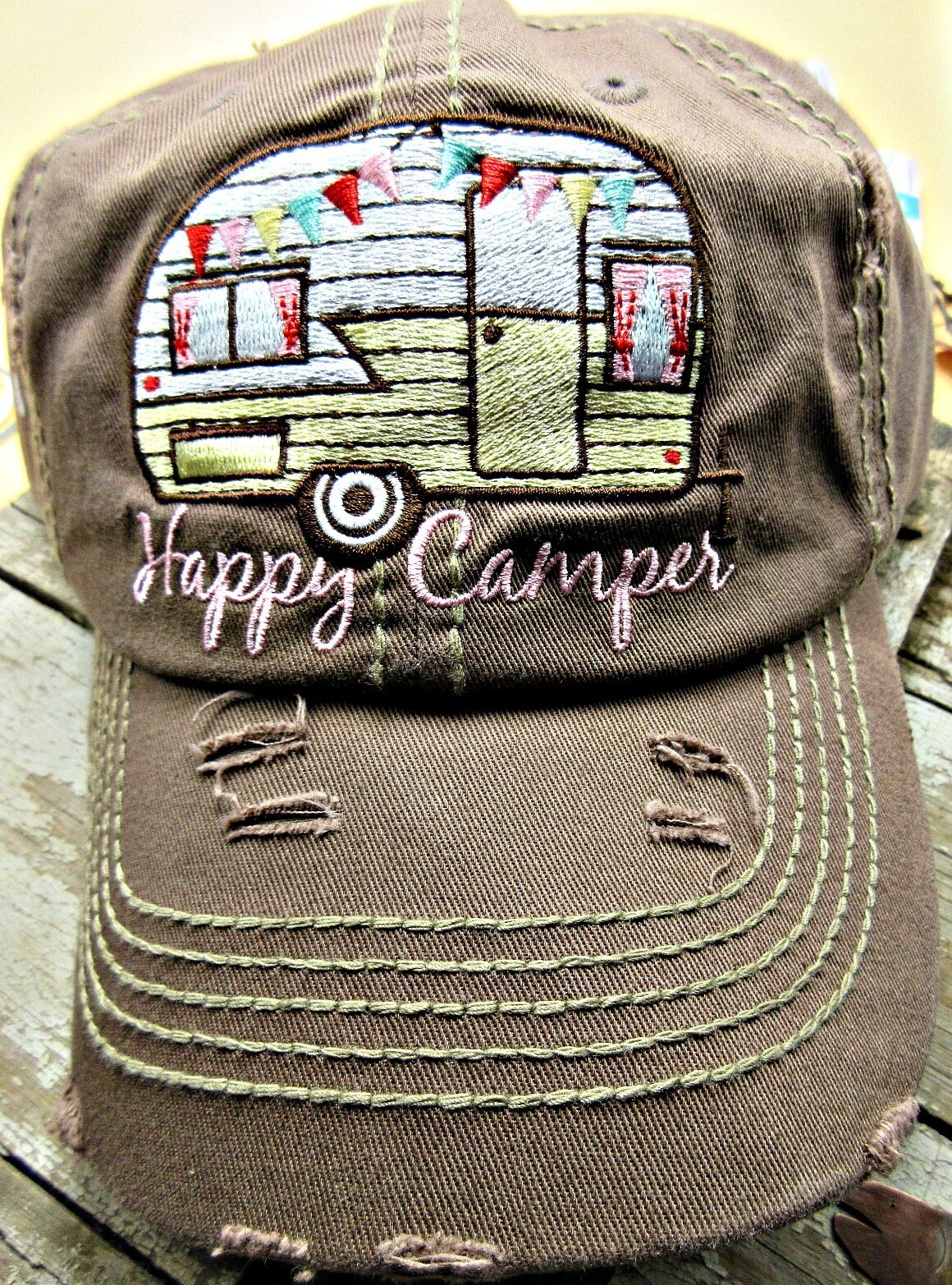 Happy Camper hat embroidered travel trailer, Camping, Outdoors, Vintage trailer, Distressed