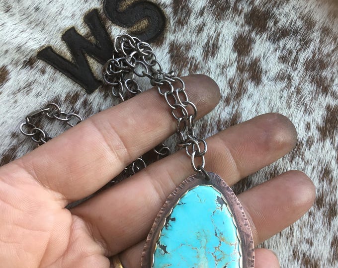 Stunning blue moon huge turquoise simplistic pendant necklace on entirely handmade linked rustic sterling chain set in silver on copper