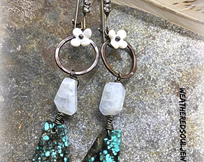 Spring is in the air long Beautiful Hubei bright colored slabs of raw turquoise with copper hoops,  by Weathered Soul artisan jewelry