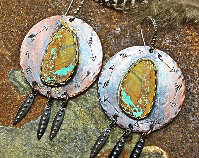 Royston ribbon  turquoise drop statement earrings by Weathered Soul western vibe with arrows embossed on the perimeter copper and sterling