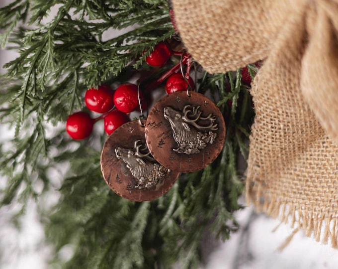 Large Elk Bugling disc earrings by Weathered Soul are fairly lightweight for the larger diameter size, beautiful copper and cast sterling