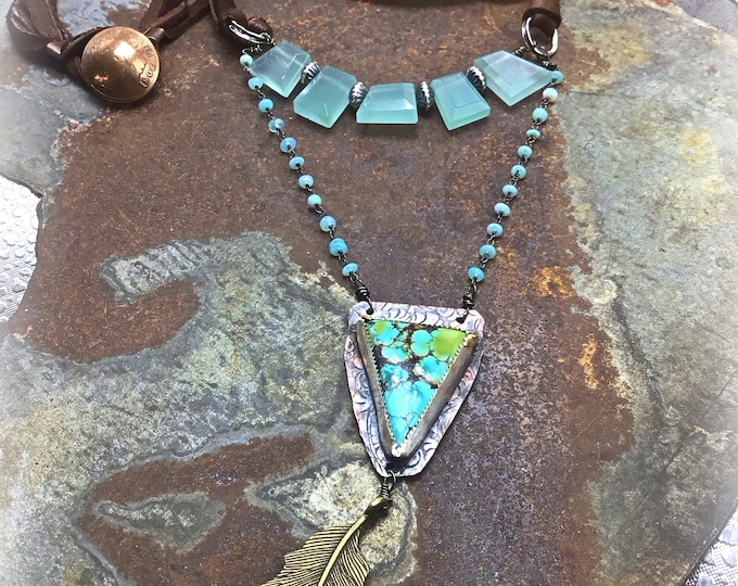 This is an incredible match of blending Chalcedony and Hubei turquoise with opal and leather with a 1902 button closure, one of a kind