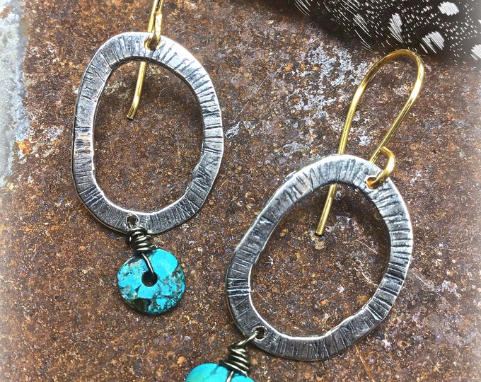 Sweet oval stamped sterling hoop earrings with bronze ear wires and a touch of rustic matrix turquoise, artisan hoops, cowgirl,minimalist