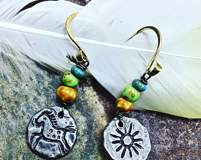 Very small little primitive pony and sun earrings with fun cheery bright colored ceramic beads and bronze ear wires, horse lover