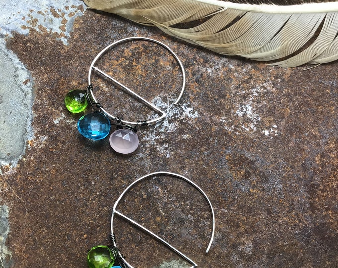 Sweet through the ear hoops with pink chalcedony, peridot, and topaz on sterling