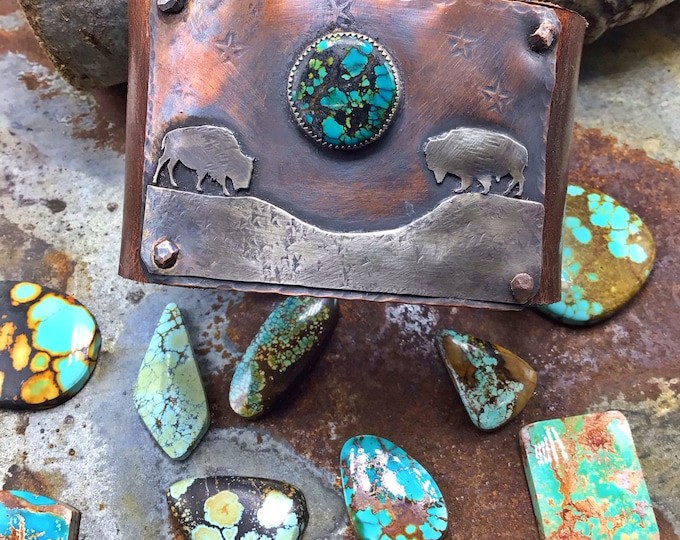 Made to order all turquoise varies Moonlight rendezvous leather and copper cuff bracelet , Bison, cowgirl, OOAK