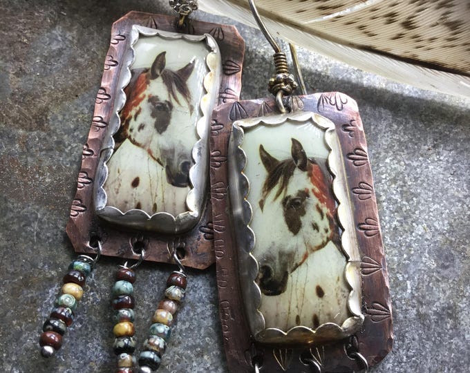 Made to Order painted pony earrings ,Weathered soul artist jewelry because life’s too short to wear boring jewelry,sterling ear wires,fringe