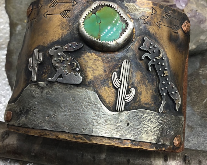 Fox and the rabbit leather wide cuff with Royston turquoise and distressed leather, artworks for your wrist