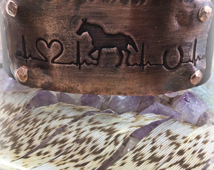 Cute little I love u horse cuff bracelet by Weathered Soul, rustic copper and leather with cute little copper concho snap closure,cowgirl