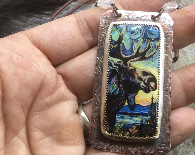 The moose is loose very large antiqued tooled copper statement pendant with rose quartz and leather, great piece for the outdoor enthusiast
