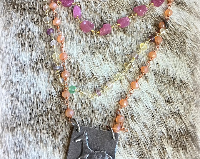Featured listing image: Sweet at Summer breeze necklace by Weathered Soul, folk type horse pendant with tourmaline,chalcedony and gems! Multi layered stunning piece